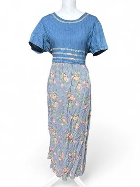 Vintage Pellini Blues Cottagecore Denim Bodice Floral Gingham Maxi Dress Large